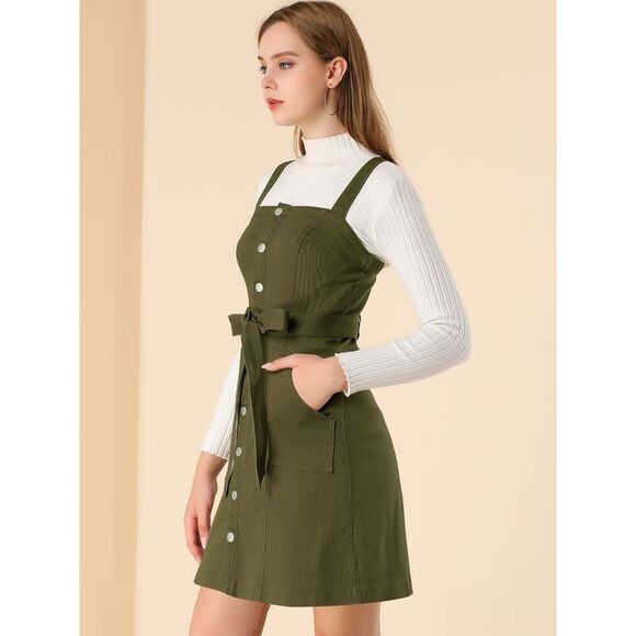 Women's Classic Adjustable Strap A-Line Overall Denim Dress Army Green - Picture 2 of 6